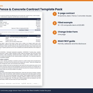 May include: A Deck, Fence & Concrete Contract Template Pack featuring a 5-page contract with 18 sections, a filled example of a 16 x 20 composite deck, a one-page Change Order Form, and a READ FIRST guide covering permits, setbacks, and disclosure.