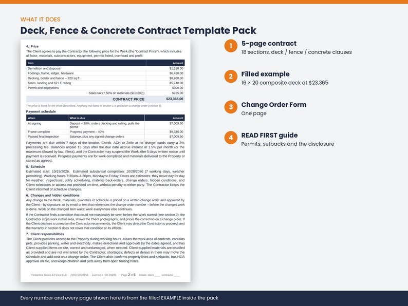 May include: A Deck, Fence & Concrete Contract Template Pack featuring a 5-page contract with 18 sections, a filled example of a 16 x 20 composite deck, a one-page Change Order Form, and a READ FIRST guide covering permits, setbacks, and disclosure.