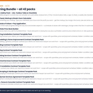 May include: A digital document list titled Everything Bundle - all 42 packs, featuring numbered entries from 29 to 42. Each entry includes a bold header for various construction and service contract templates, followed by a brief description of the contents.