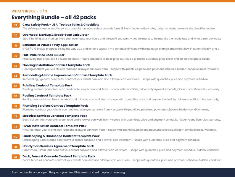 May include: A digital document list titled Everything Bundle - all 42 packs, featuring numbered entries from 29 to 42. Each entry includes a bold header for various construction and service contract templates, followed by a brief description of the contents.