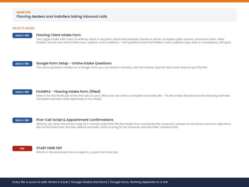 May include: A digital document set for flooring dealers and installers, including a Flooring Client Intake Form, Google Form setup, a filled example, a first-call script with appointment confirmations, and a Start Here PDF guide for business use.