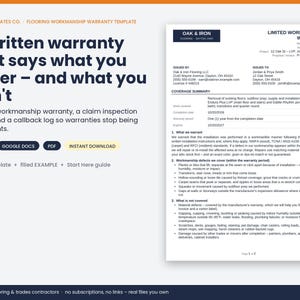 May include: A digital flooring workmanship warranty template featuring a document preview for Oak & Iron Flooring LLC. The text includes a coverage summary, warranty terms, and exclusions. Buttons for Word, Google Docs, and PDF formats are visible.