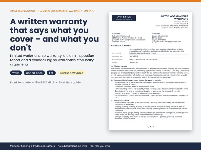 May include: A digital flooring workmanship warranty template featuring a document preview for Oak & Iron Flooring LLC. The text includes a coverage summary, warranty terms, and exclusions. Buttons for Word, Google Docs, and PDF formats are visible.