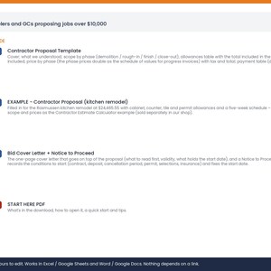 May include: A digital document bundle for remodelers and general contractors featuring a Contractor Proposal Template, a kitchen remodel example, a Bid Cover Letter, a Notice to Proceed, and a Start Here PDF guide for project management.