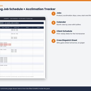 What the Flooring Job Schedule + Acclimation Tracker does: the key features at a glance.