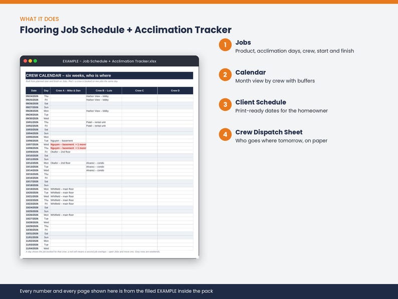 What the Flooring Job Schedule + Acclimation Tracker does: the key features at a glance.