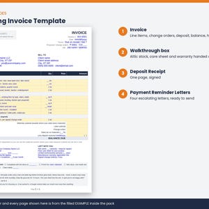 May include: A flooring invoice template document featuring sections for materials, labor, and change orders with a yellow background. The document includes fields for company information, client details, payment terms, and a final walkthrough checklist.