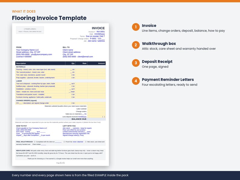 May include: A flooring invoice template document featuring sections for materials, labor, and change orders with a yellow background. The document includes fields for company information, client details, payment terms, and a final walkthrough checklist.