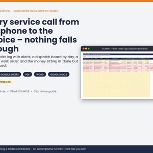 May include: A digital work order log and dispatch board template for trade contractors. The interface displays text including Trade Templates Co., Work Order Log & Dispatch Board, and lists compatibility with Excel, Google Sheets, PDF, Word, and Google Docs.