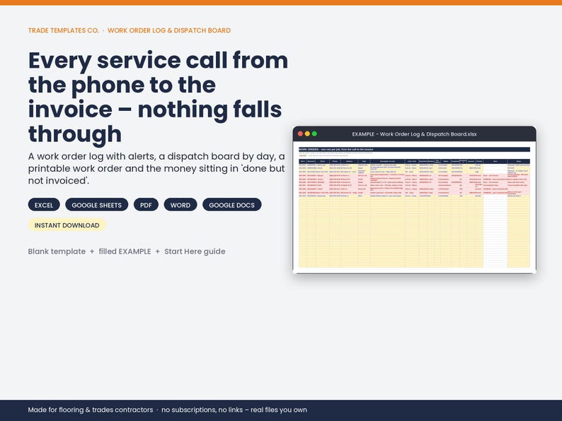 May include: A digital work order log and dispatch board template for trade contractors. The interface displays text including Trade Templates Co., Work Order Log & Dispatch Board, and lists compatibility with Excel, Google Sheets, PDF, Word, and Google Docs.