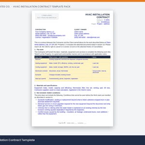 May include: A white HVAC installation contract template document with black text and a yellow table. The document includes sections for contractor and client information, project details, a scope of work table, and lists of materials and hidden conditions.