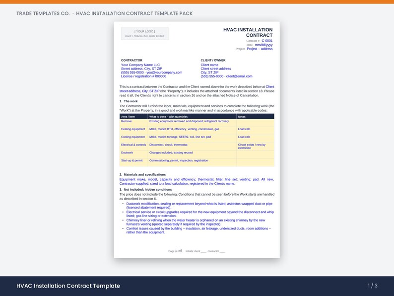 May include: A white HVAC installation contract template document with black text and a yellow table. The document includes sections for contractor and client information, project details, a scope of work table, and lists of materials and hidden conditions.