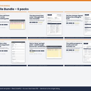 May include: A Job-Site Bundle 6-pack digital document set featuring templates for service calls, change orders, daily logs, punch lists, and safety programs. Each section includes text descriptions, blank forms, and filled examples for construction management.