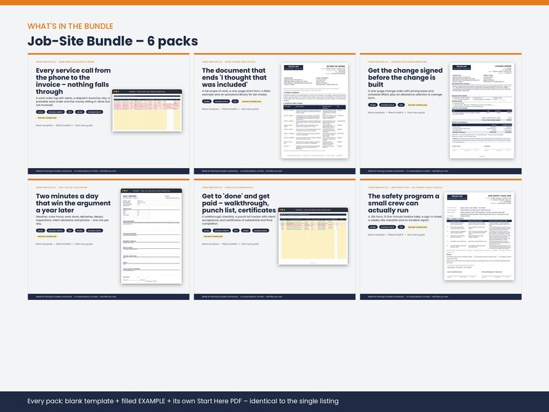 May include: A Job-Site Bundle 6-pack digital document set featuring templates for service calls, change orders, daily logs, punch lists, and safety programs. Each section includes text descriptions, blank forms, and filled examples for construction management.