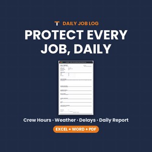 Daily Log Template, Construction Daily Report, Site Diary, Crew Hours, Weather, Delays, Excel Word PDF image 1