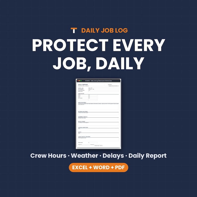 Daily Log Template, Construction Daily Report, Site Diary, Crew Hours, Weather, Delays, Excel Word PDF image 1
