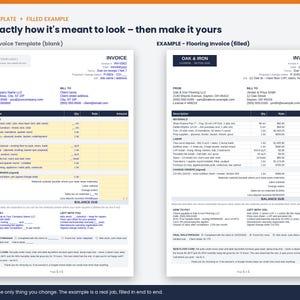 May include: A digital flooring invoice template featuring two side-by-side documents: a blank form on the left with yellow highlighted fields and a completed example on the right for Oak & Iron Flooring LLC, both detailing materials, labor, and terms.