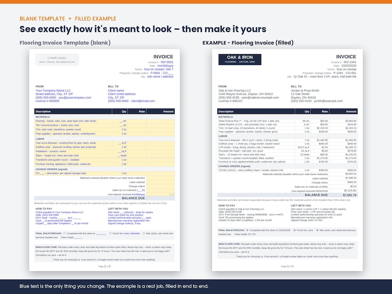 May include: A digital flooring invoice template featuring two side-by-side documents: a blank form on the left with yellow highlighted fields and a completed example on the right for Oak & Iron Flooring LLC, both detailing materials, labor, and terms.