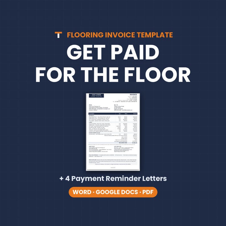 Flooring Invoice Template, Materials Labor Deposit, Payment Reminder Letters, Word Google Docs PDF image 1