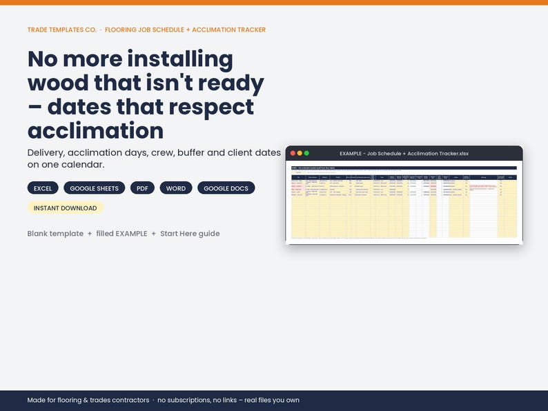 Flooring Job Schedule + Acclimation Tracker – No more installing wood that isn't ready – dates that respect acclimation. Includes a blank template, a filled example and a Start Here guide.