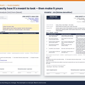 May include: A Job Safety Analysis form template featuring a blank version on the left and a filled-out kitchen demolition example on the right. Both documents include sections for project details, required PPE, and a table for steps, hazards, and controls.