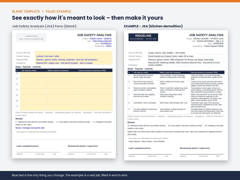 May include: A Job Safety Analysis form template featuring a blank version on the left and a filled-out kitchen demolition example on the right. Both documents include sections for project details, required PPE, and a table for steps, hazards, and controls.