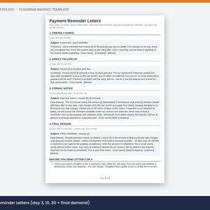 May include: A white document titled Trade Templates Co. Flooring Invoice Template featuring four distinct payment reminder letter drafts. The text outlines a sequence of communication steps including a friendly nudge, direct follow-up, formal notice, and final demand for unpaid invoices.