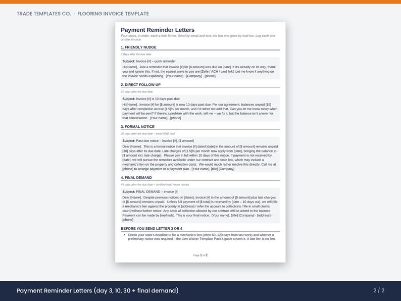 May include: A white document titled Trade Templates Co. Flooring Invoice Template featuring four distinct payment reminder letter drafts. The text outlines a sequence of communication steps including a friendly nudge, direct follow-up, formal notice, and final demand for unpaid invoices.