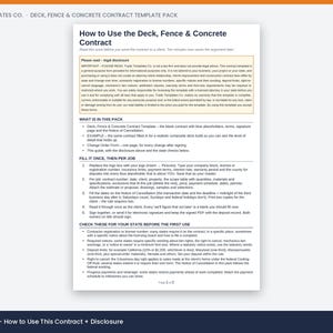 May include: A white document titled How to Use the Deck, Fence & Concrete Contract from Trade Templates Co. The page contains legal disclosure text, a list of contents included in the pack, and numbered instructions for filling out the contract.