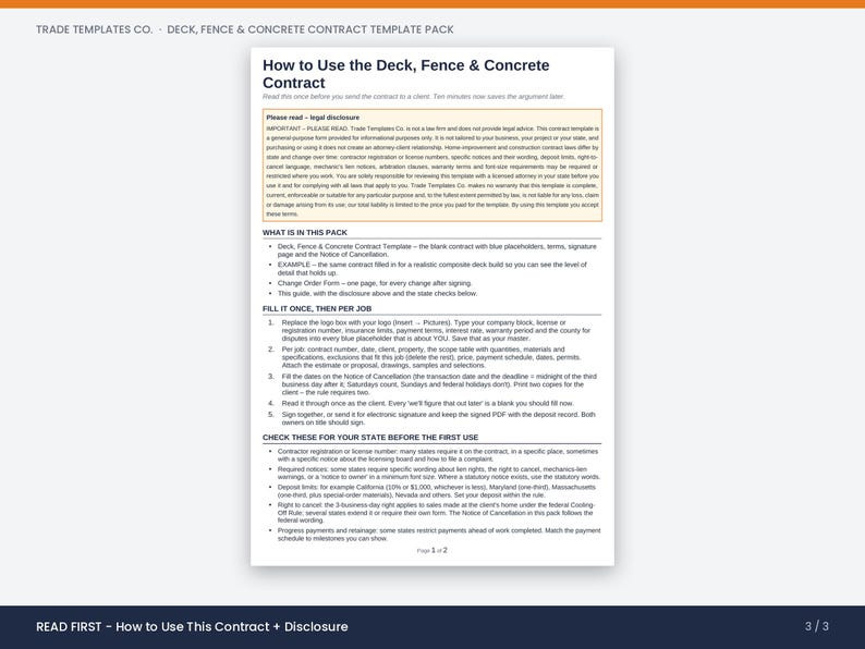 May include: A white document titled How to Use the Deck, Fence & Concrete Contract from Trade Templates Co. The page contains legal disclosure text, a list of contents included in the pack, and numbered instructions for filling out the contract.