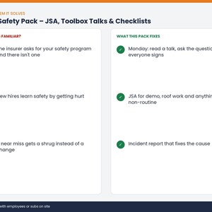 May include: A white informational graphic titled Crew Safety Pack - JSA, Toolbox Talks & Checklists. It features two columns: Sounds Familiar with red X icons listing common safety issues, and What This Fixes with green check marks listing solutions.