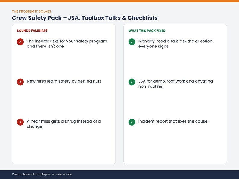 May include: A white informational graphic titled Crew Safety Pack - JSA, Toolbox Talks & Checklists. It features two columns: Sounds Familiar with red X icons listing common safety issues, and What This Fixes with green check marks listing solutions.