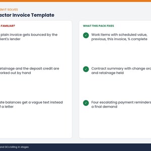 May include: A Contractor Invoice Template document featuring two columns. The left side, titled Sounds Familiar?, lists three common billing issues with red X icons. The right side, titled What This Fixes, lists three solutions with green check marks.