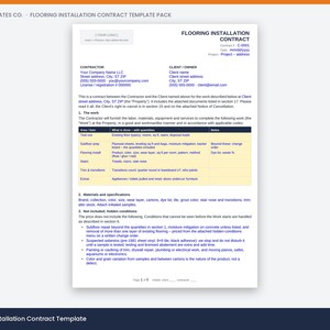 May include: A white flooring installation contract template document with black text and a yellow table. The header reads Flooring Installation Contract, and the document includes sections for contractor and client details, work descriptions, and materials.