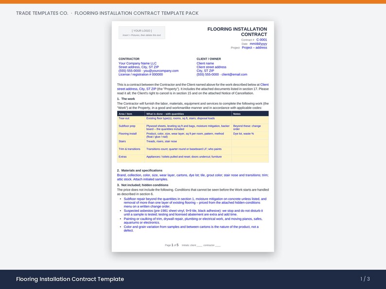 May include: A white flooring installation contract template document with black text and a yellow table. The header reads Flooring Installation Contract, and the document includes sections for contractor and client details, work descriptions, and materials.