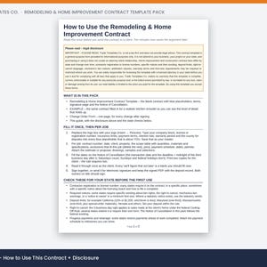 May include: A white document titled How to Use the Remodeling & Home Improvement Contract by Trade Templates Co. The page contains a legal disclosure box, a list of contents in the pack, instructions for filling out the contract, and state compliance tips.
