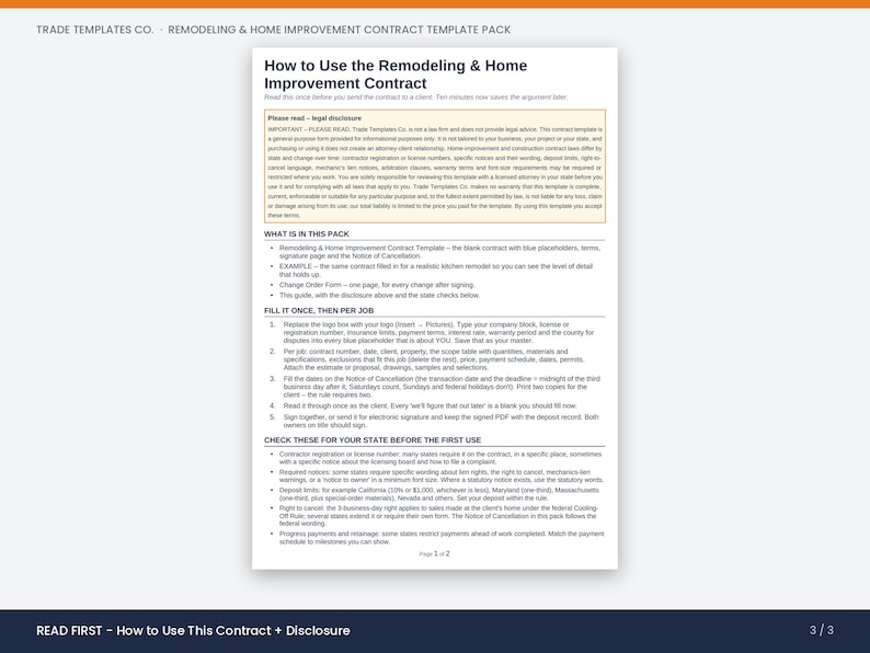 May include: A white document titled How to Use the Remodeling & Home Improvement Contract by Trade Templates Co. The page contains a legal disclosure box, a list of contents in the pack, instructions for filling out the contract, and state compliance tips.