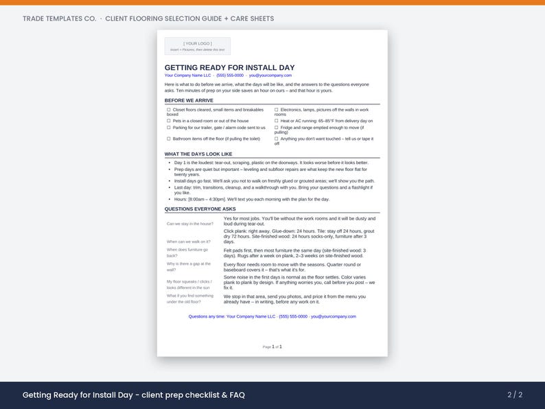 May include: A white document titled Getting Ready for Install Day, featuring a client flooring selection guide and care sheet. The text includes sections for pre-installation preparation, daily expectations, and frequently asked questions.