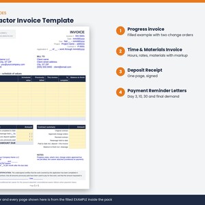 May include: A contractor invoice template document featuring a progress billing schedule with yellow rows, invoice details, and payment instructions. To the right, a numbered list describes four included items: progress invoice, time and materials invoice, deposit receipt, and payment reminder letters.