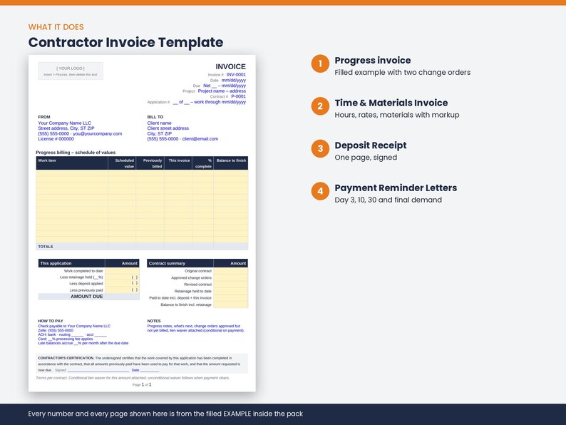 May include: A contractor invoice template document featuring a progress billing schedule with yellow rows, invoice details, and payment instructions. To the right, a numbered list describes four included items: progress invoice, time and materials invoice, deposit receipt, and payment reminder letters.