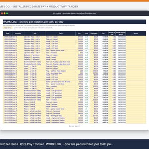 May include: A digital spreadsheet titled Installer Piece-Rate Pay + Productivity Tracker. The table features columns for date, installer, job, task, quantity, unit, rate paid, pay, hours on site, week ending, and notes with rows of data entries.