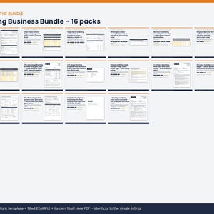May include: A digital Flooring Business Bundle containing 16 packs of documents. Each pack includes a blank template, a filled example, and a Start Here PDF. The collection features various business forms, contracts, and invoices for flooring professionals.