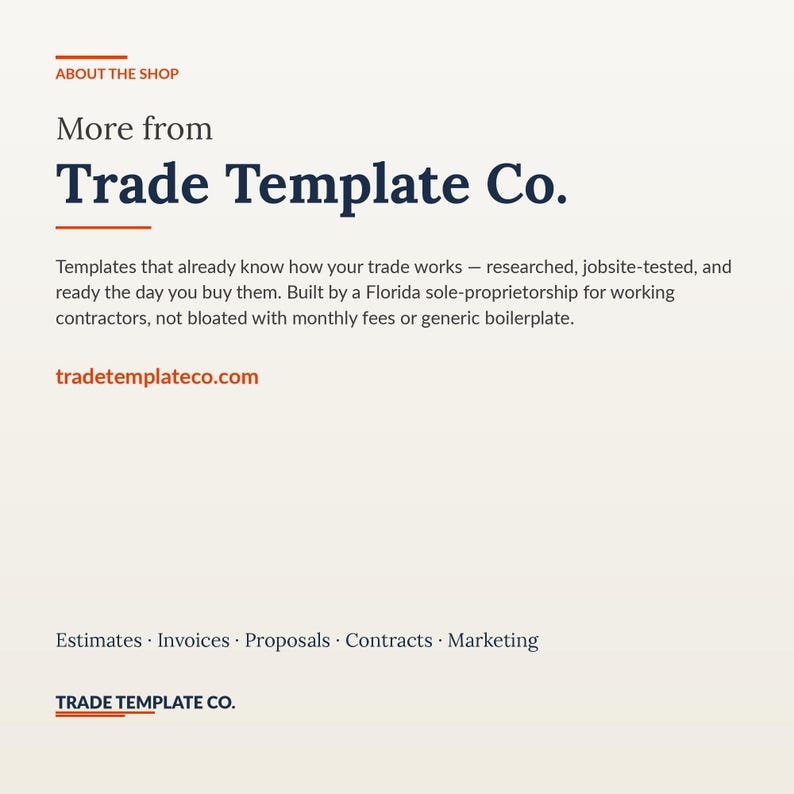 May include: A digital graphic with a cream background featuring the text ABOUT THE SHOP, More from Trade Template Co., and a description of business templates. It includes the website tradetemplateco.com and a list: Estimates, Invoices, Proposals, Contracts, Marketing.