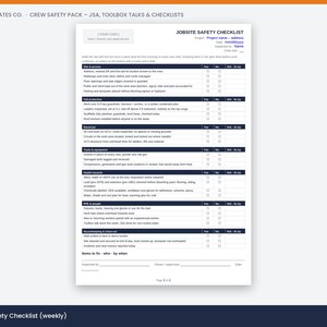 May include: A white Jobsite Safety Checklist document with dark blue headers and text. The form includes sections for site access, fall protection, electrical, tools, health hazards, PPE, and housekeeping with checkboxes for yes, no, or N/A.