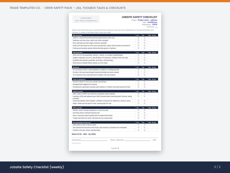 May include: A white Jobsite Safety Checklist document with dark blue headers and text. The form includes sections for site access, fall protection, electrical, tools, health hazards, PPE, and housekeeping with checkboxes for yes, no, or N/A.
