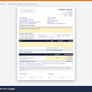 May include: A white single-page Change Order form template with dark blue text and headers. The document includes sections for contractor and client information, description of change, reason for change, cost breakdown, and contract effect.