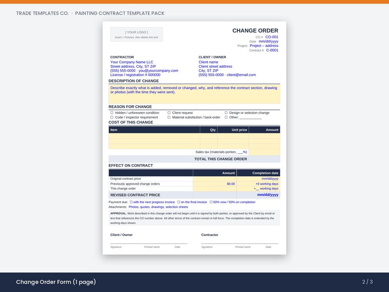 May include: A white single-page Change Order form template with dark blue text and headers. The document includes sections for contractor and client information, description of change, reason for change, cost breakdown, and contract effect.