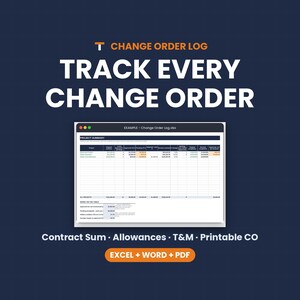Change Order Log, Construction Change Order Tracker, Revised Contract Sum, T&M Ticket, Excel Google Sheets image 10