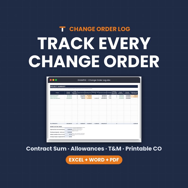Change Order Log, Construction Change Order Tracker, Revised Contract Sum, T&M Ticket, Excel Google Sheets image 10