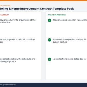 May include: A digital infographic titled Remodeling & Home Improvement Contract Template Pack. It features two columns: Sounds Familiar with red X icons listing common project issues, and What This Pack Fixes with green check marks for solutions.